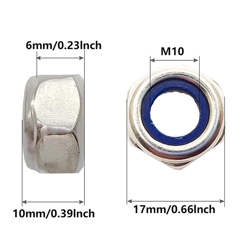 DGZ 5 Pcs M10 x 1.25mm Metric Fine Thread Nylon Insert Lock Nut, 304 Stainless Steel Non-Slip Self-Locking Nut - Image 2